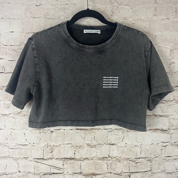 Alexander Wang Women's Small Acid-Wash Crop Logo T Tee Shirt Dark Gray White S - Picture 2 of 10